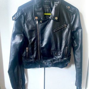 Black, Vegan Faux Leather Belted Moto Jacket, Size Medium